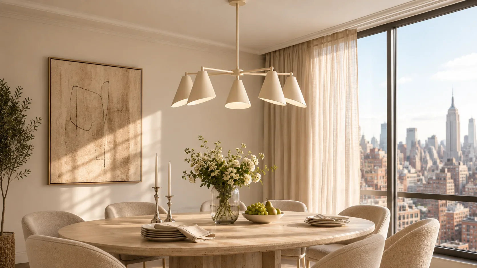 five-light cream chandelier in a modern New York condo dining room with beige curtains, warm neutral decor, and sunny morning lighting