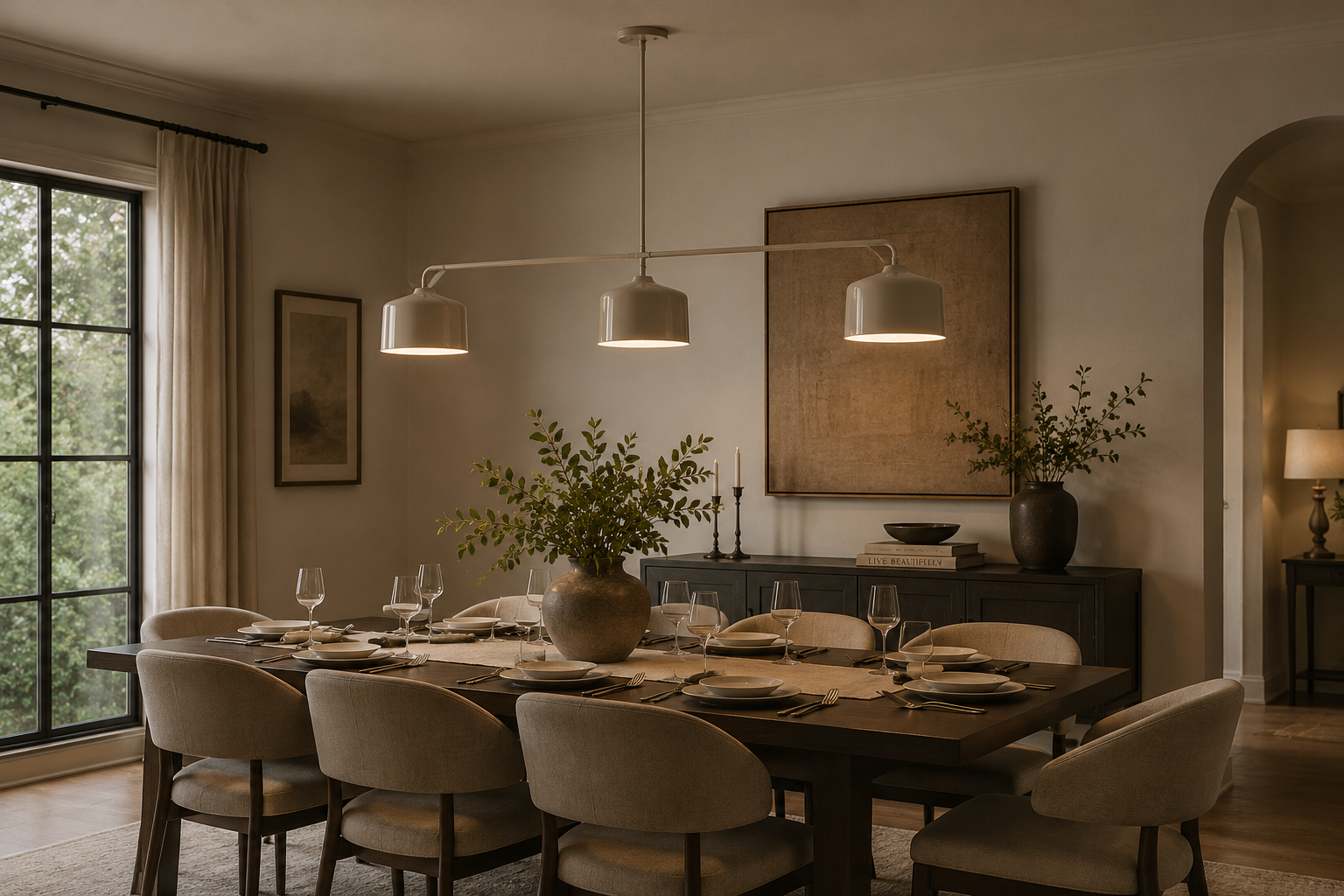 Large architectural bronze chandelier sized correctly above a dining table in a luxury dining room
