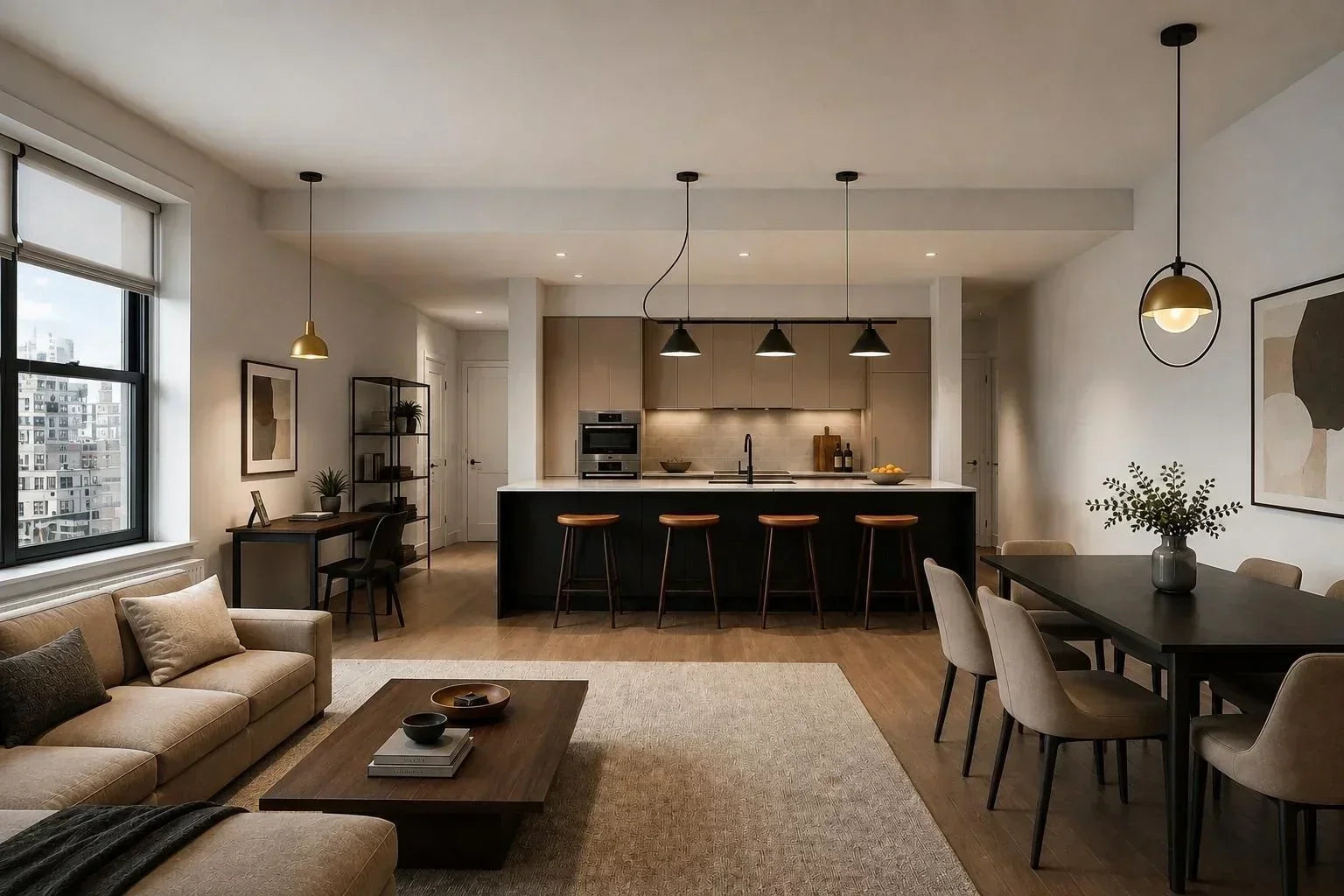 Modern open-plan apartment kitchen and dining area featuring handcrafted lighting fixtures over the kitchen island and dining space.