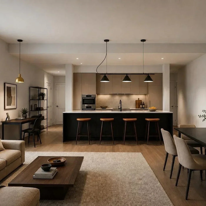 Modern open-plan apartment kitchen and dining area featuring handcrafted lighting fixtures over the kitchen island and dining space.