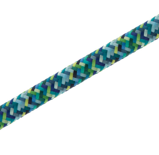 Braided pendant cord in blue, green, and white weave, with metal fitting