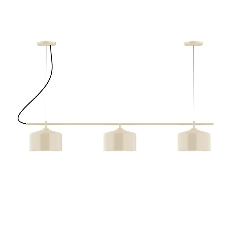 Cream 3-light linear chandelier with three drum shades on a horizontal bar
