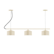 Cream 3-light linear chandelier with three drum shades on a horizontal bar