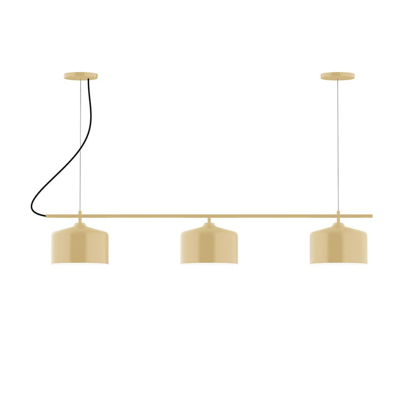 Ivory linear 3-light chandelier with three rectangular bell shades and bar mounts