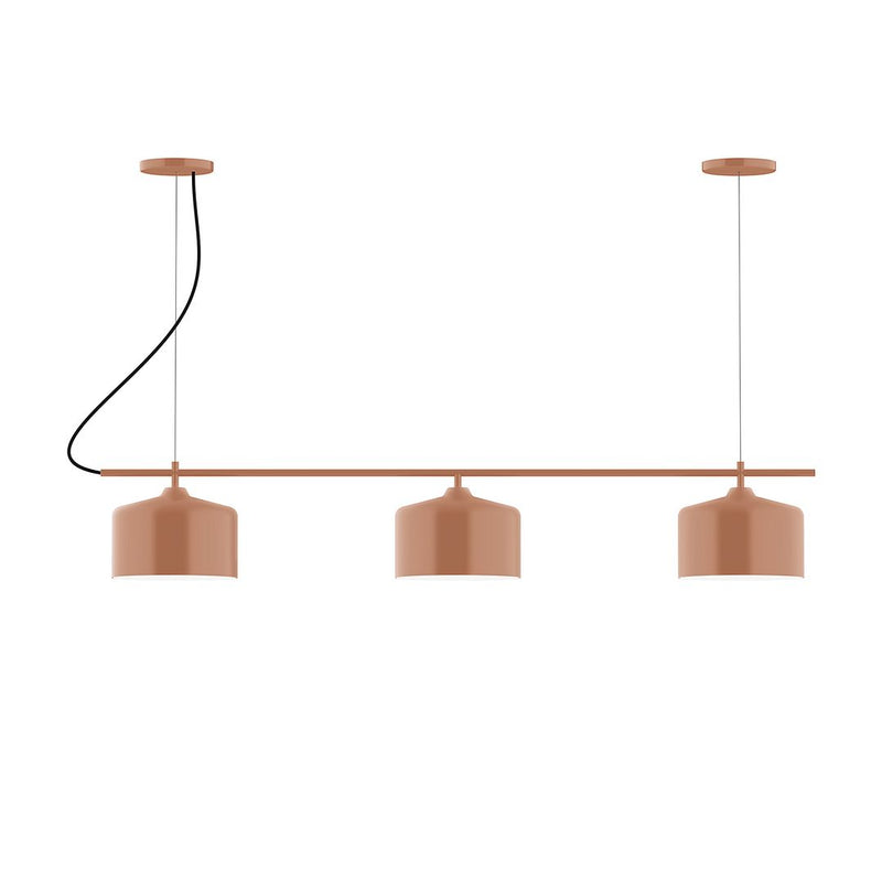 Terracotta 3-light linear chandelier with three cylindrical shades on a bar