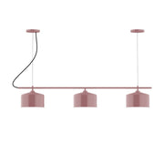 Mauve linear 3-light chandelier with three cylindrical shades on bar
