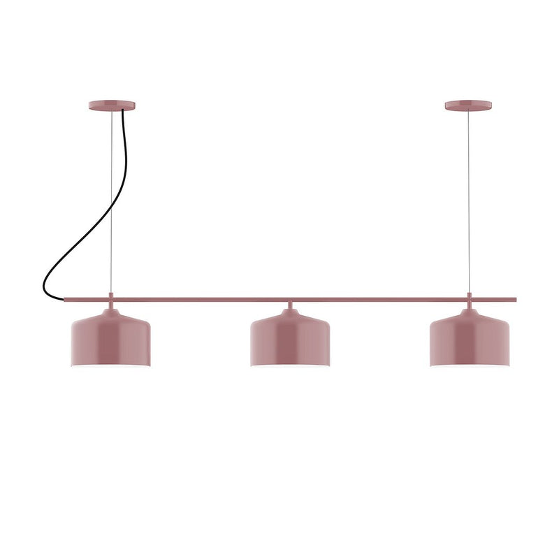 Mauve linear 3-light chandelier with three cylindrical shades on bar