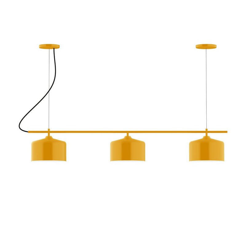 Bright yellow 3-light linear chandelier with three drum shades on a bar