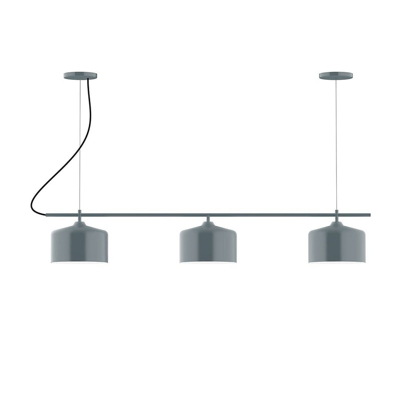 Slate gray 3-light linear chandelier with three hanging drum shades and curved cords