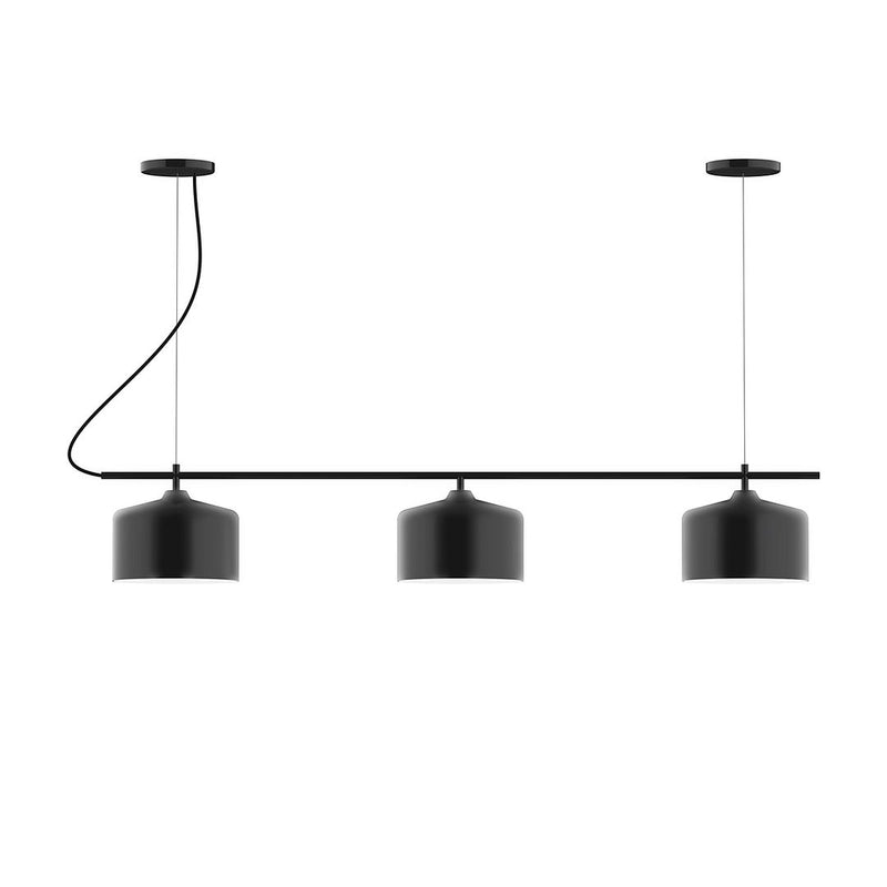 Black linear 3-light chandelier with three cylinder shades on a bar