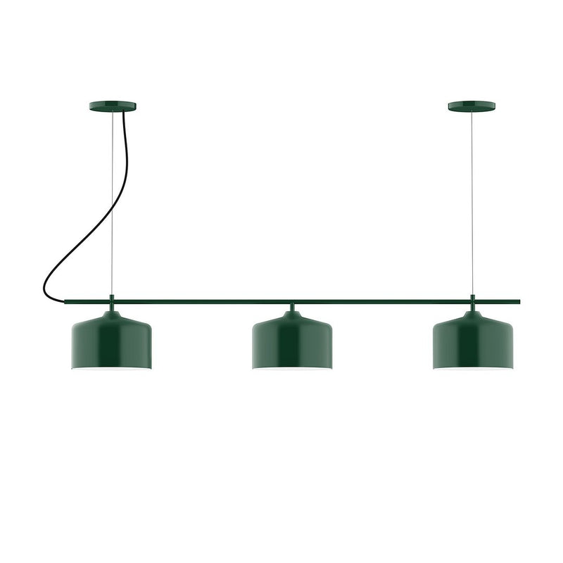 Forest green linear chandelier with three bell shades