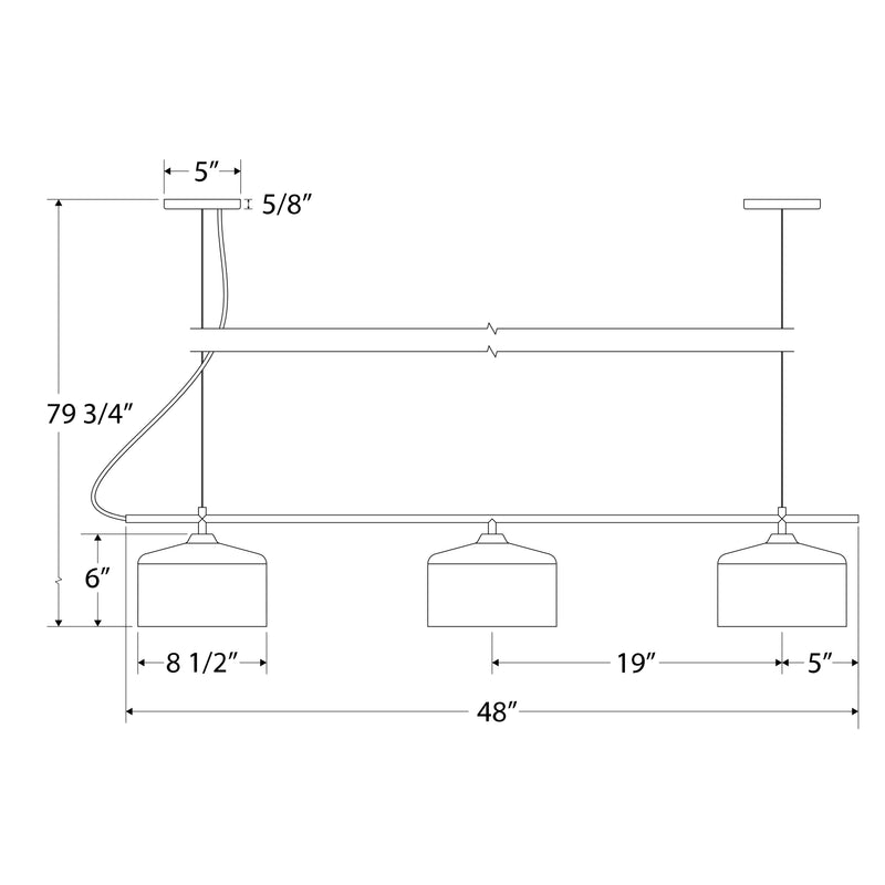 Linear 3-light chandelier layout diagram with three shade positions and dimensions