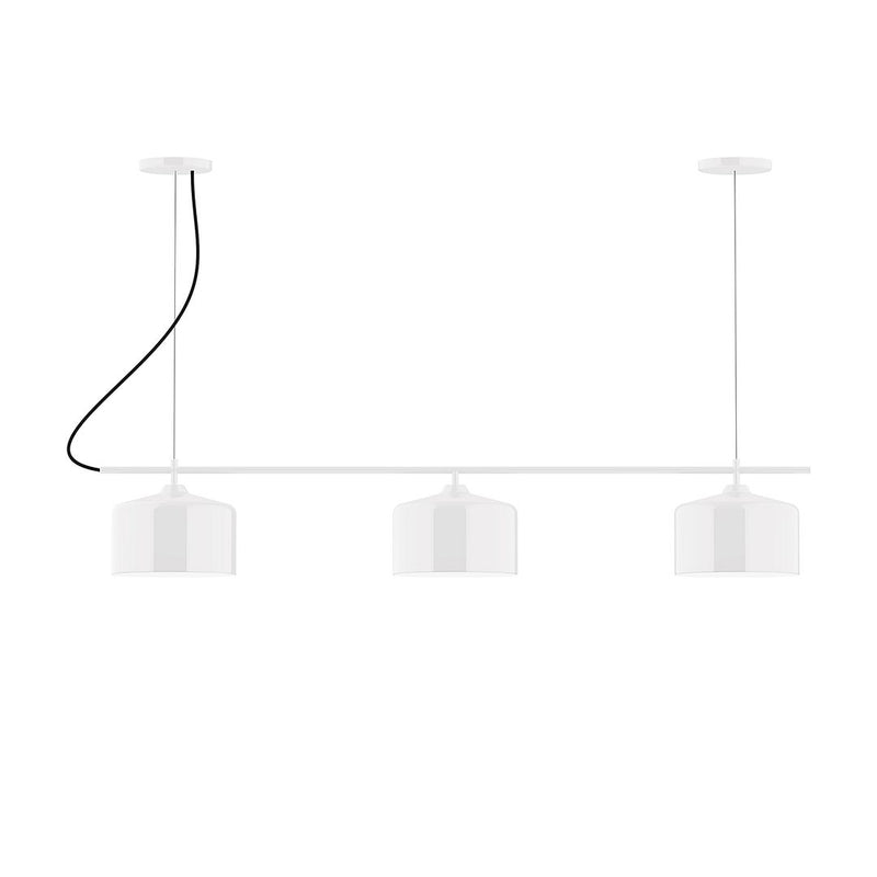 White 3-light linear chandelier with three cube-style hanging shades
