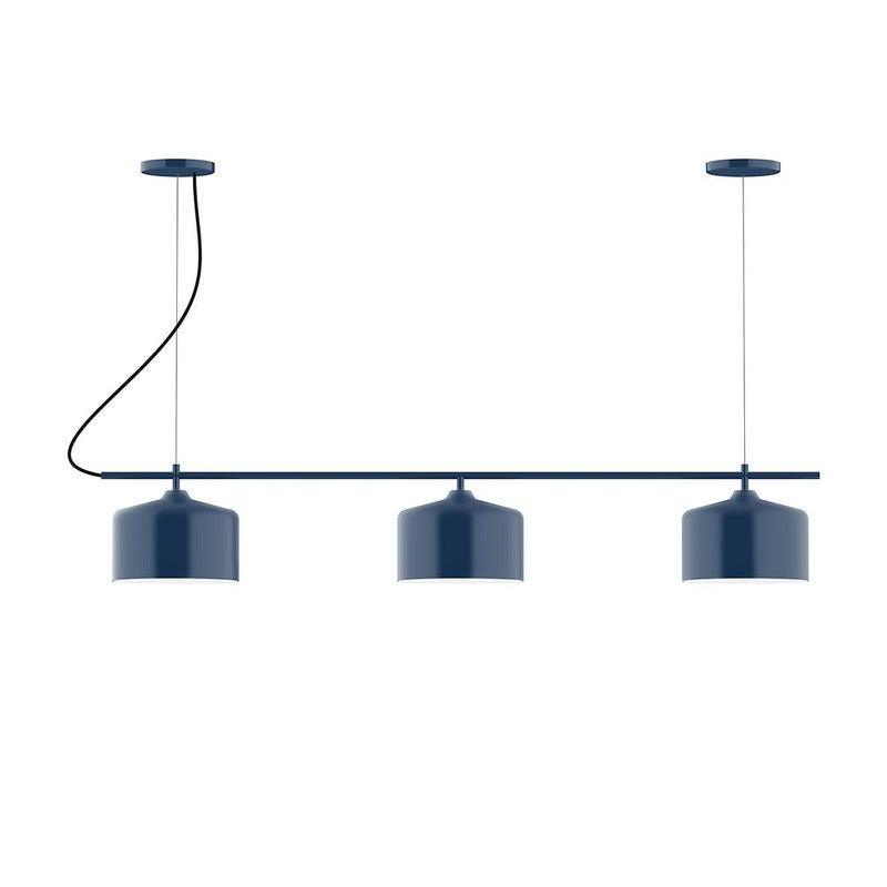 3-light linear chandelier with navy cylinder shades and dark blue mounting bar