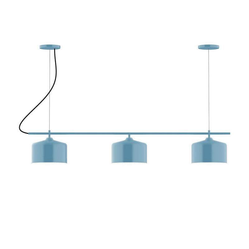 3-light linear chandelier with light blue drum shades and horizontal bar