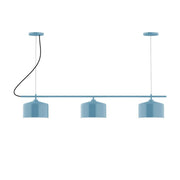 Light blue 3-light linear chandelier with three drum shades and hanging rods