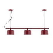 Barn red 3-light linear chandelier with three bell shades on a bar mount
