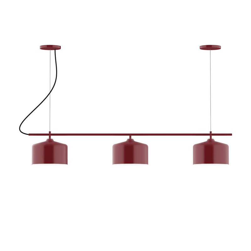 Barn red 3-light linear chandelier with three drum shades and hanging rods