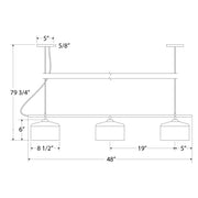 Cream 3-light linear chandelier size diagram with hanging cord and shade positions