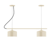 Cream two-light linear chandelier with two box-style shades and curved black arms