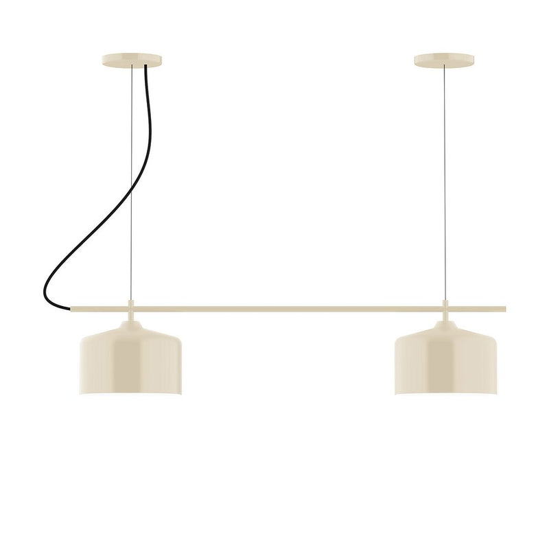 Cream 2-light linear chandelier with two drum shades and ceiling canopy