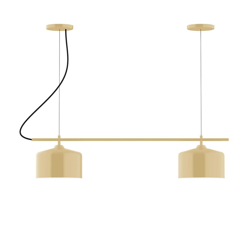 Ivory 2-light linear chandelier with two rectangular shades and black cords