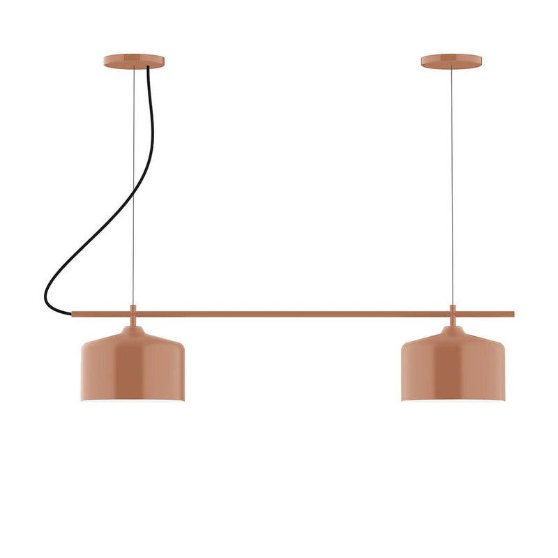 Terracotta 2-light linear chandelier with two bell shades and curved black cords