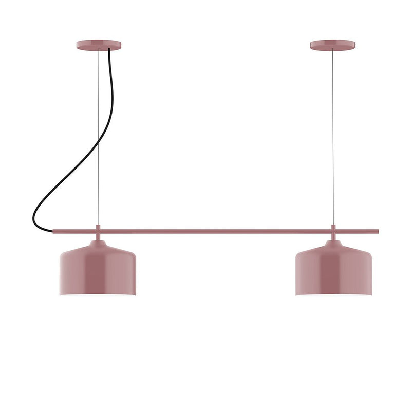 Mauve 2-light linear chandelier with two drum shades and curved metal arms