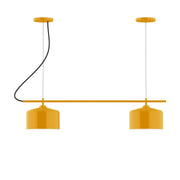 Bright yellow linear 2-light chandelier with two dome shades and curved black cords