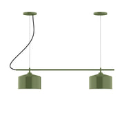 Fern green 2-light linear chandelier with two drum shades and curved black cords