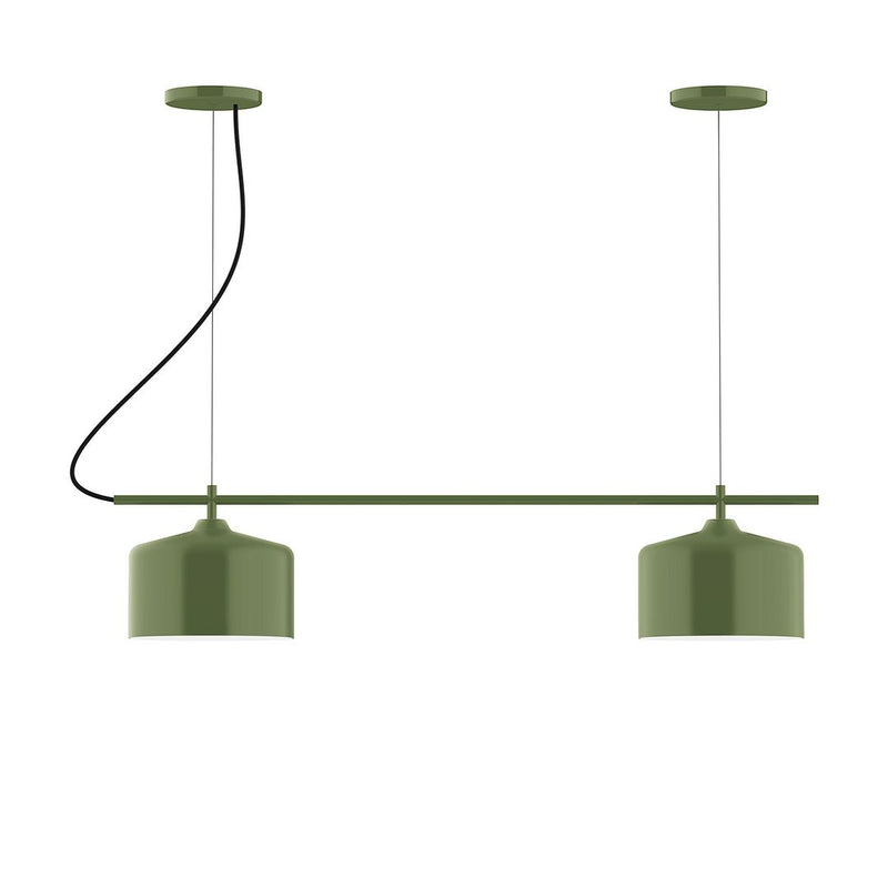 Fern green 2-light linear chandelier with two drum shades and curved black cords