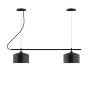 Black 2-light linear chandelier with two drum shades on horizontal bar