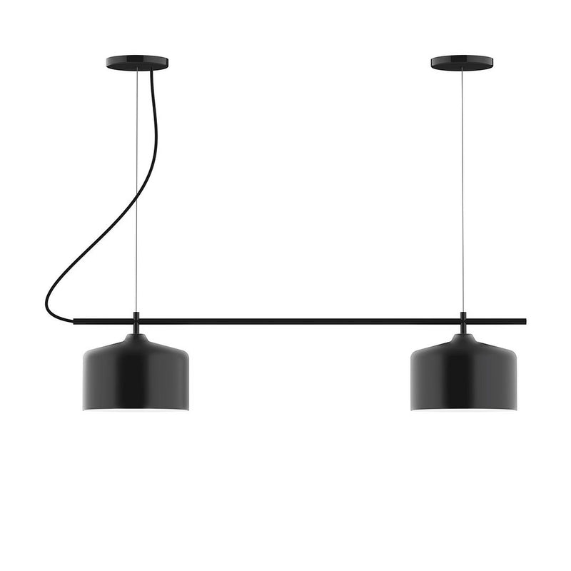 Black 2-light linear chandelier with two drum shades on horizontal bar