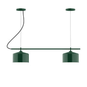 Forest green 2-light linear chandelier with two drum shades and curved metal arms