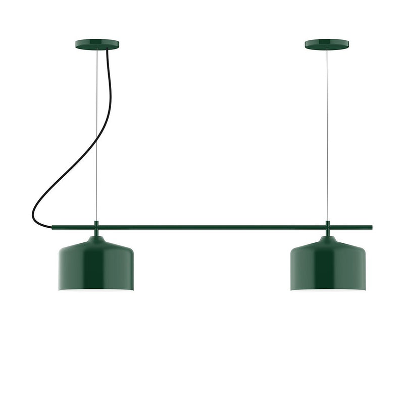 Forest green 2-light linear chandelier with two drum shades and curved metal arms