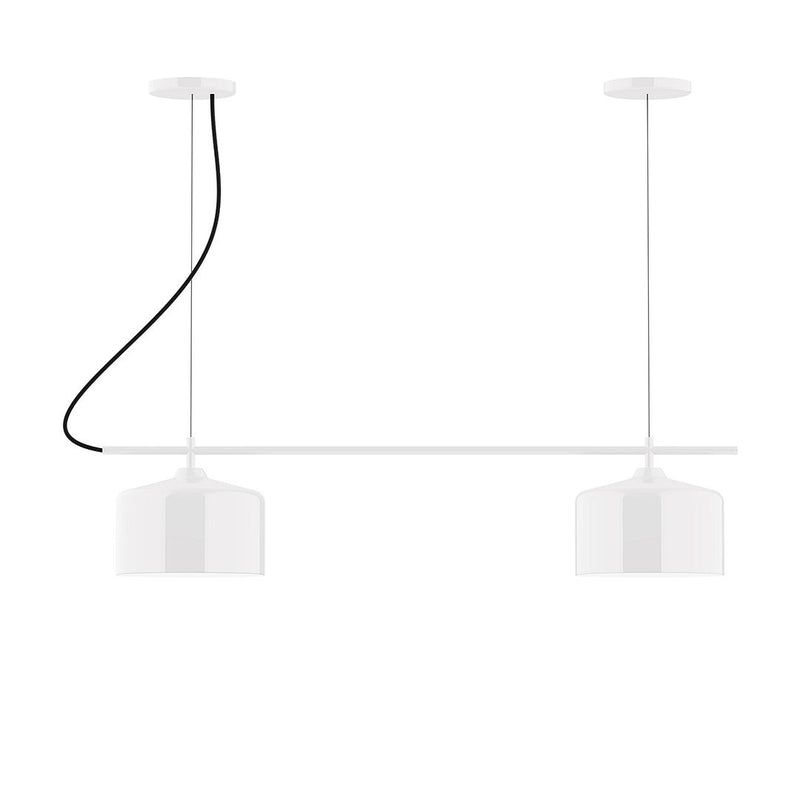 White 2-light linear chandelier with two shades and curved rods