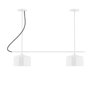 Two-light linear chandelier with white shades and curved metal arms on a horizontal bar