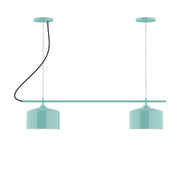 Two-light linear chandelier with sea green shades and curved black cords
