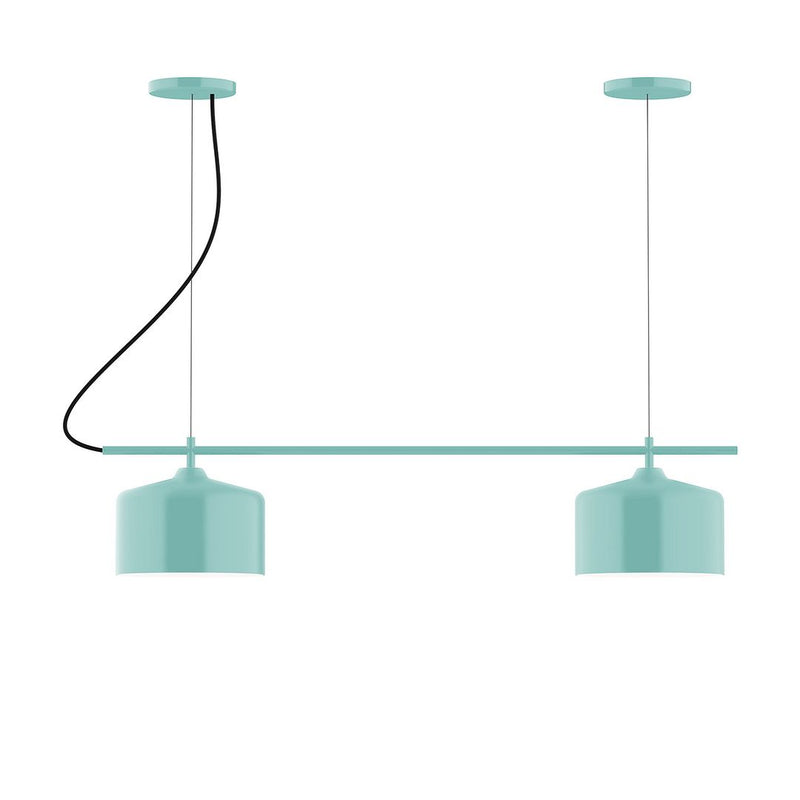 Two-light linear chandelier with sea green shades and curved black cords