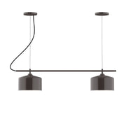 2-light linear chandelier with architectural bronze frame and two bell shades