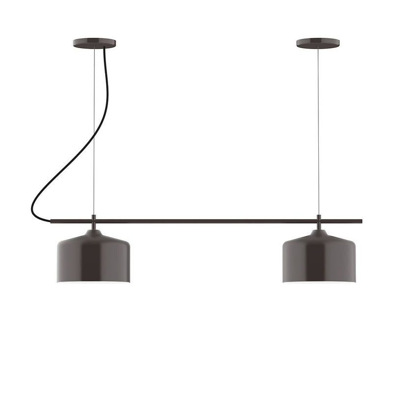 Two-light linear chandelier with dark bronze dome shades and horizontal bar