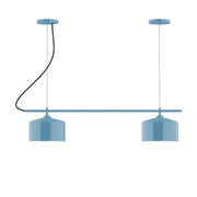 Light blue 2-light linear chandelier with two fabric shades and curved arms