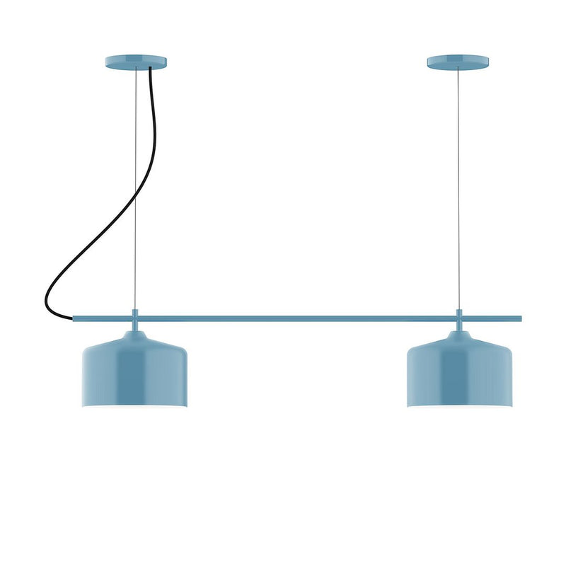 Light blue 2-light linear chandelier with two fabric shades and curved arms