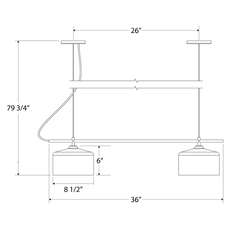 Two-light linear chandelier size diagram showing 2 white shades and 36 in length