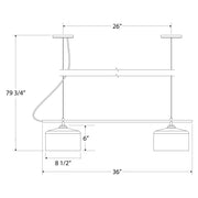 2-light linear chandelier dimension diagram with two drum shades and bar length