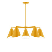 Five-light LED chandelier with bright yellow bell shades and central downlight.
