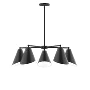 Black 5-light chandelier with five flared cone shades and central downlight socket.