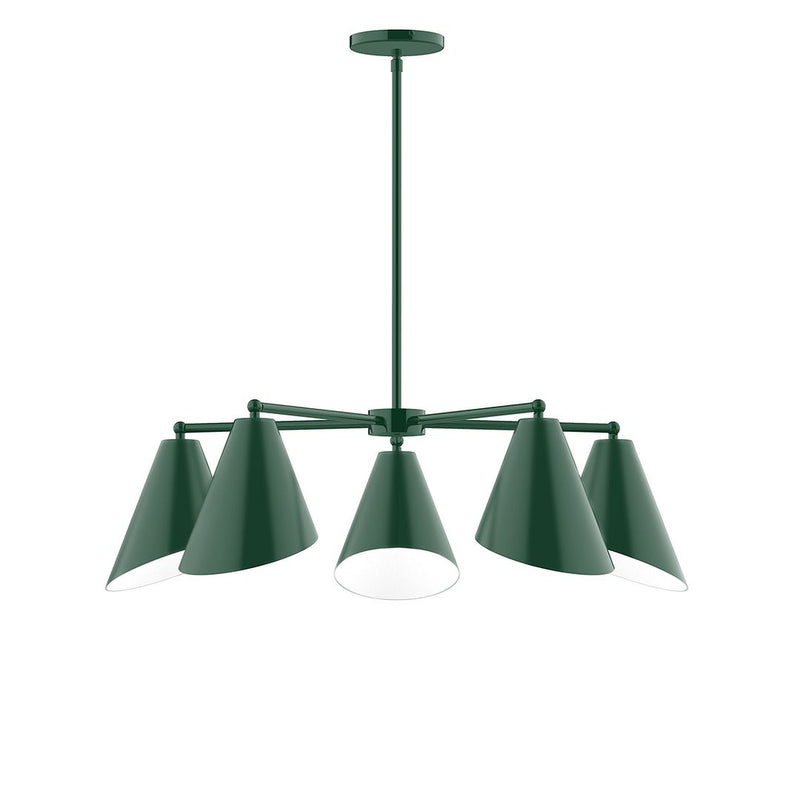 Forest green 5-light LED chandelier with five tapered bell shades and central stem.