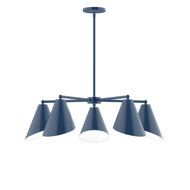 Five-light navy LED chandelier with five conical shades and round ceiling canopy