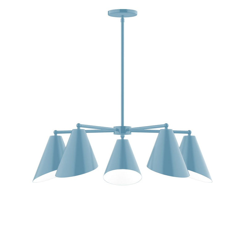 Light blue 5-light chandelier with five conical shades and white inner lights
